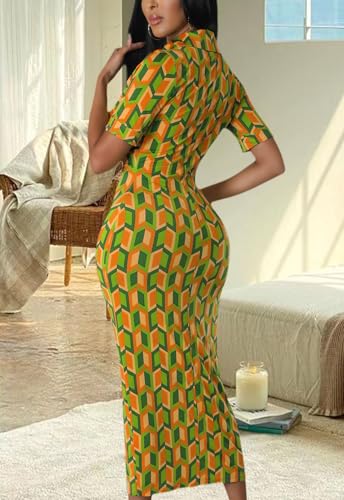 Image of ZERMOM Women's Button Down Shirt Dress Short Sleeve Print Collar V Neck Summer Bodycon Midi Dresses