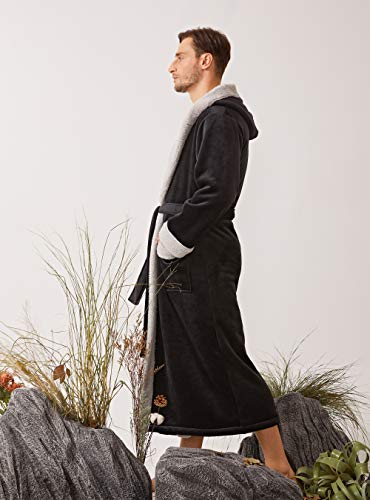 David Archy Men's Hooded Fleece Double Layer Bonded Velvet Robe Plush Soft Full Length Long Bathrobe (M, Black) #TOP2