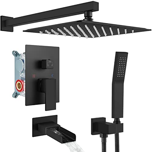Cinwiny Matte Black Bathroom Shower System 10 Inch Rainfall Shower Head with Handheld Spray Wall Mount Waterfall Tub Spout Shower Faucet Set Rough-in Valve 3 Function Mixer Shower Faucet Cinwiny Matte Black Bathroom Shower System 10 Inch Rainfall Shower Head with Handheld Spray Wall Mount Waterfall Tub Spout Shower Faucet Set Rough-in Valve 3 Function Mixer Shower Faucet