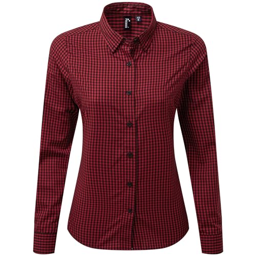 Premier - Camisa Maxton Guingán de Manga Larga para Mujer (XL) (Negro, Rojo)