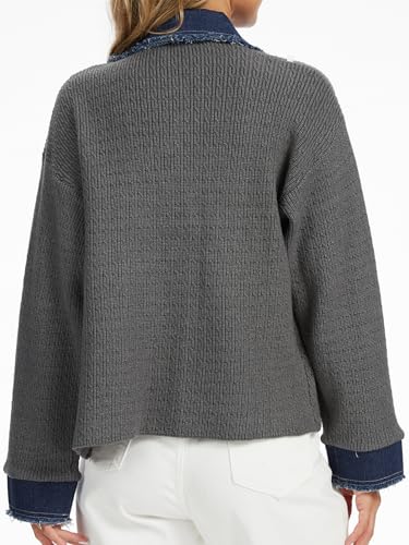 KEOMUD Women's Fall Button Down Knit Cardigan Sweater Casual Cropped Shacket Jacket with Denim Lapel Pockets Cuff3