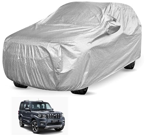 Image of Auto Hub Waterproof Car Cover Compatible with Mahindra Scorpio Classic with Mirror Pockets, Soft Cotton Lining, Scorpio Car Cover Waterproof, Metallic Silver