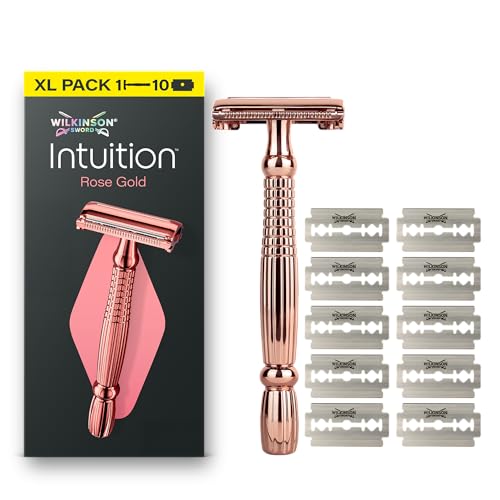 Wilkinson Sword Intuition Rose Gold Safety Razor for Women Premium Metal Handle 1 Womens Razor Handle and 10 Blade Refills