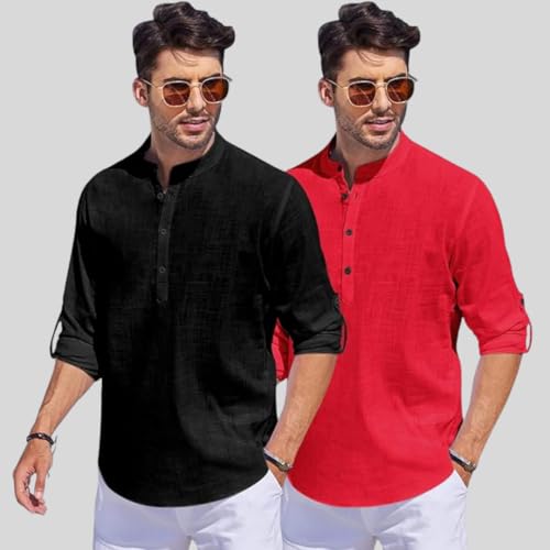 Image of Bellstone Men's Cotton Blend Straight Kurta Shirt Combo with Mandarin Collar - Slim Fit Casual Short Kurti Set Featuring Textured Slub Fabric and Roll-Up Full Sleeves