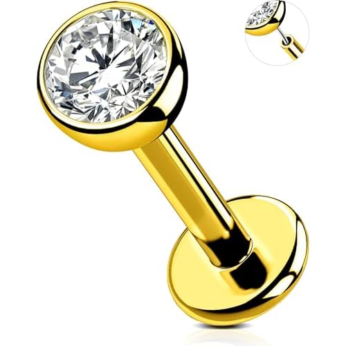 OUFER 2Pcs 20G/18G/16G G23 Titanium Threadless Nose Stud Earrings Flat Back Tiny CZ Small Nose Helix Cartilage Tragus Conch Labret Medusa Monroe Piercing Jewelry for Women Men Gold 1pcs, 16g