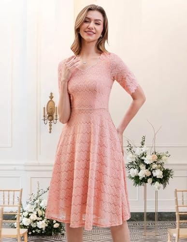 Image of Dressystar Women's Short Sleeve Lace Wedding Guest Dress V Neck A Line Formal Cocktail Evening Party Dresses 2025