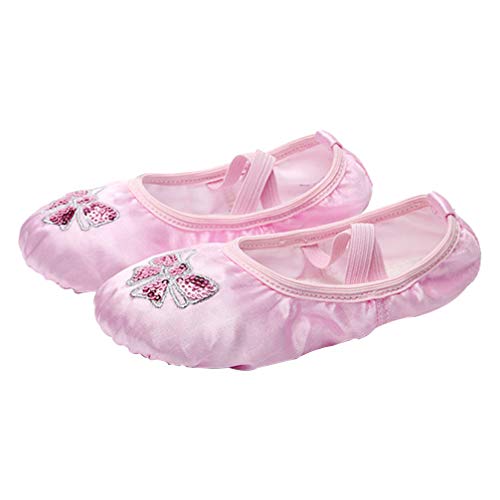 EXCEART Pink Ballet Slippers Kids Yoga Shoes Satin Dance Shoes Embroidery Sequins Non-Slip Canvas Sole Size 27