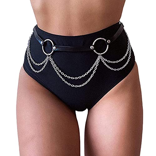 Mayelia Leder Körperkette Schwarz Leder Bauchkette Gothic Leder Taillenkette für Frauen und Mädchen