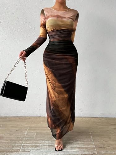 Image of LIGHT DOT Women's Printed Bodycon Maxi Dress Long Sleeve Tie Dye Mesh Ruched Cocktail Dress