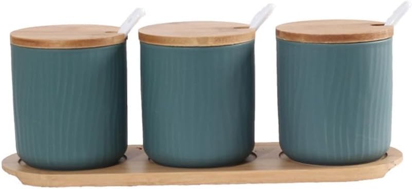 Ceramic Condiment Jar Set of 3 with Tray, Condiment Pot With Spoon and Lid, Seasoning Box,Sugar Bowl (Color : A)