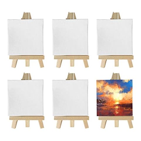 XGzhsa Mini Canvas Easel Set, Wooden Easel, 6 Pieces Small Display Tripod Easels with Blank Canvas for Drawing, Oil Water Painting, Table Top Arts and Crafts (Canvas 10 x 10 cm | Easel 9 x 16 cm) Cover