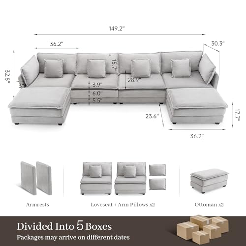 Image of Corduroy Sectional Couch, 4 Seater 149.2 inch U Shaped Cloud Couch with 2 Ottomans, Modular Deep Seat Sofa with Pillows for Living Room, Apartment, Lightgrey