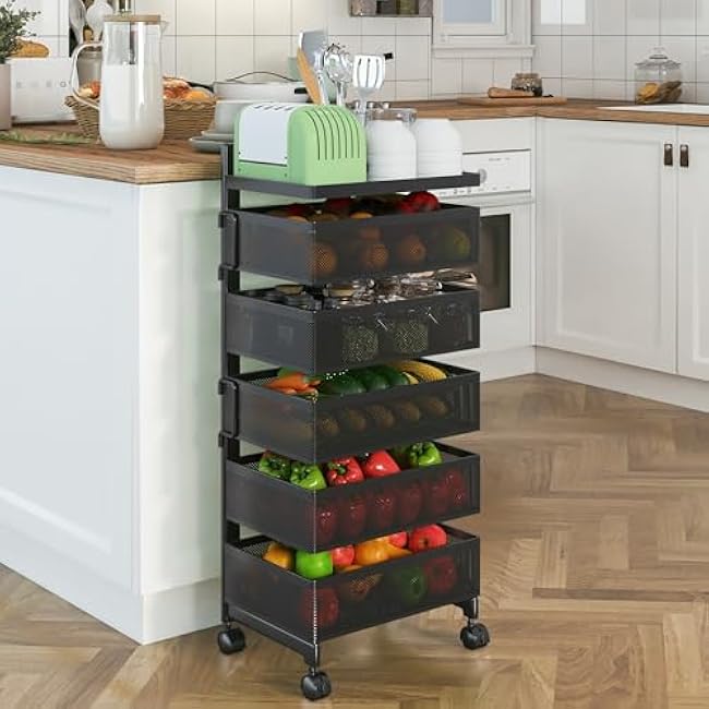 Rolling Rotating Storage Cart No Assembly Required£¬Bathroom Shelf Fruit and Vegetable Basket for Kitchen,Storage Drawer Organizer Cart £¬Metal Utility cart on Wheels(Black, 5 Tier-Square)-1qUq7UTv