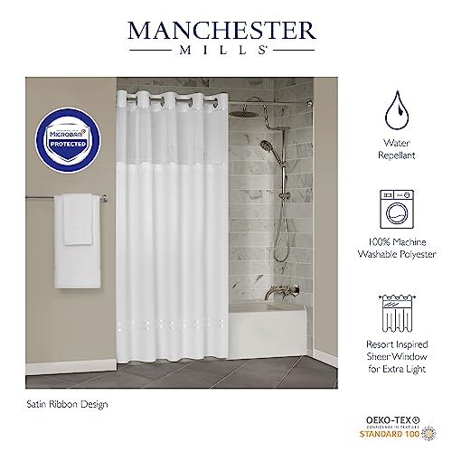 Manchester Mills Protect360° Satin Ribbon Hook Free Shower Curtain - Microban Antimicrobial And Mildew Product Protection, Water Repellent, Snap-On Liner, Hems With Magnets, 71X74, White #TOP2