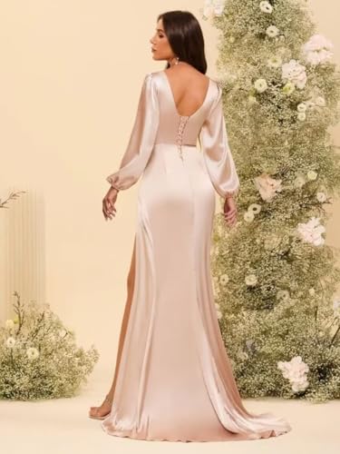 SHANDUAO V Neck Bridesmaid Dress Satin Cocktail Gown Long Sleeve Prom Dresses with Slit2