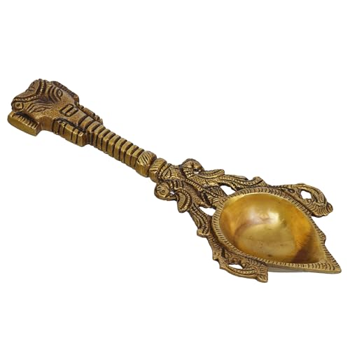 Image of eCraftIndia Golden Handcrafted Ethnic Design Brass Diya with Handle - Ideal for Home Pooja Mandir Temple for Ganesh Chaturthi, Navaratri, Diwali