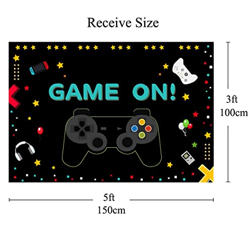 Video Game Backdrop Gamepad Headset Game On Party Photography Background Gold Star Colorful Cube Birthday Party Decorations Cake Table Banner Decor Props 5X3Ft #TOP3