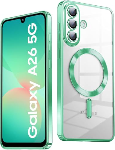 VONZEE Clear Logo Electroplating Transparent Case For Samsung Galaxy A26 5G, Magnetic Plating Electroplate Tpu Case Cover, Individual Camera Protection For Each Lens- Green