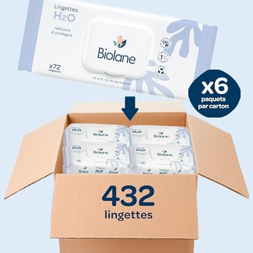BIOLANE - Ściereczki do czyszczenia wody H2O - Baby - Zestaw 6x72 (432 chusteczek) - Skóra wrażliwa - Oczyszcza i chroni - Ciało i siedzisko - Bez spłukiwania - Od urodzenia - Wyprodukowano we Francji