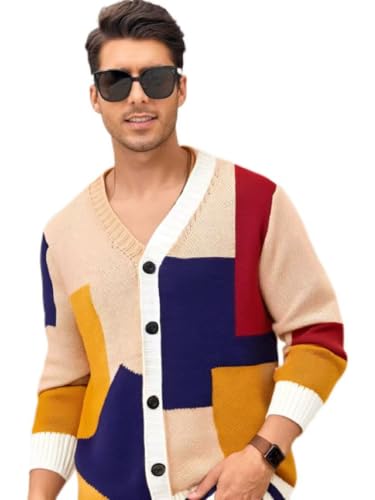 Jolaryfliche Men's Color Block Cardigan Sweater, V-Neck Button Down Design, Navy Blue, Yellow, Red, Beige, Knit Pattern (US, Alpha, XX-Large, Regular, Regular, Mixed Colors)