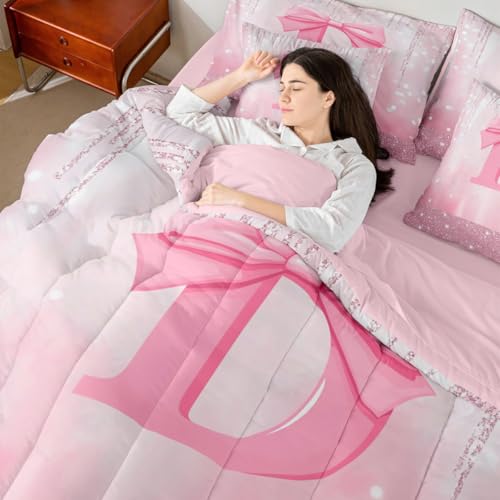 Image of Feelyou Kids Pink Bowknot 7 Pieces Bedding Set Queen Size, Personalized Initial D Bed in A Bag Princess Glitter Comforter Set with Sheets Boys Girls Bow Alphabet Teens Bed Set Bedroom Decor 7Pcs