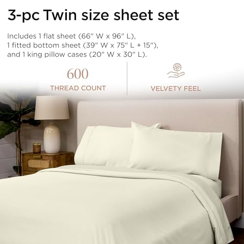 Image of Threadmill 100% Cotton Sheets for Twin Size Bed - 600 Thread Count Twin Bed Sheets Set with 15 inch Deep Pocket - Sateen Weave 3-Piece Bedding Set with Cooling Effect, Ivory