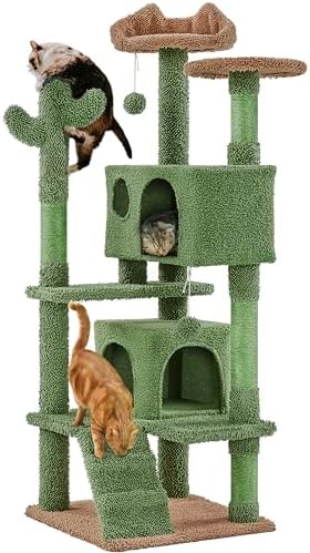 Yaheetech Árbol Rascador para Gatos de Cactus de Felpa 48,5x48,5x138 cm Torre Escalador de Sisal Multiplataforma para 1-3 Gatos Medianos con Cueva Grande Dos Bolas Verde y Marrón