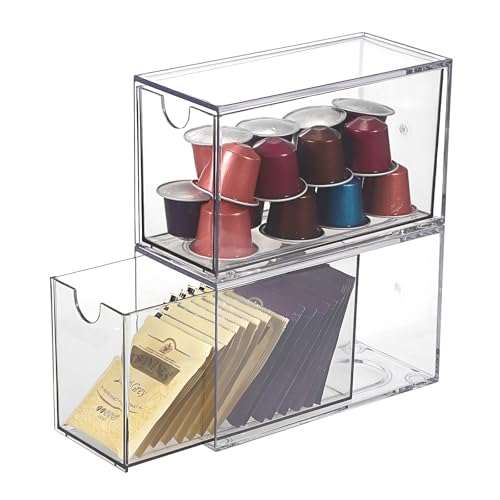 SUMNACON Acrylic Tea Bag Drawer Organiser - 2 Pack Stackable Storage Solution for Coffee Capsules and Tea Packets