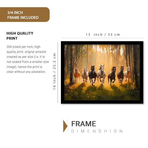 Image of HOTHOUSE 7 Horses Vastu Frame Wall Art Painting for Living Room Bedroom Office Home Decor | Seven Running Vastu Lucky Horse Rising Sun Painting Wall Decor Size (10X13 inch)
