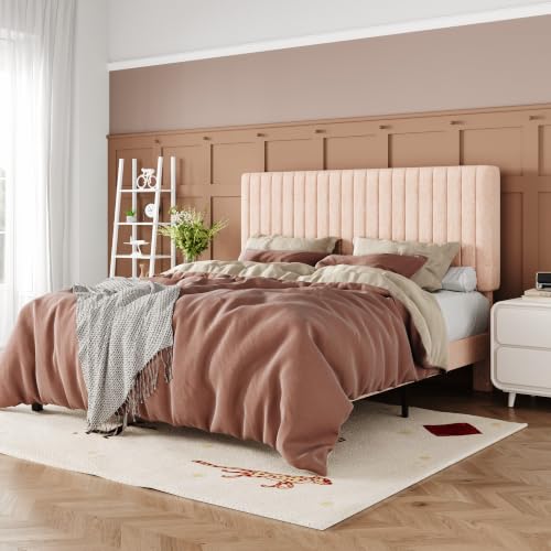 Image of Allewie Full Bed Frame, Upholstered Platform Bed with Adjustable Vertical Channel Tufted Headboard, Mattress Foundation with Strong Wooden Slats, Box Spring Optional, Easy Assembly, Chenille Pink