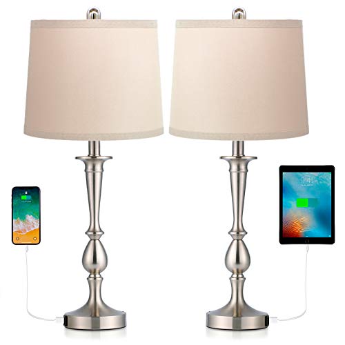 Befano Table Lampfor Bedroom, Fabric Bedside Lamp with 2 USB Ports Flaxen Fabric Shade, Lamps for Bedrooms Minimalist Design for Living Room - (Set of 2 Table Lamps)