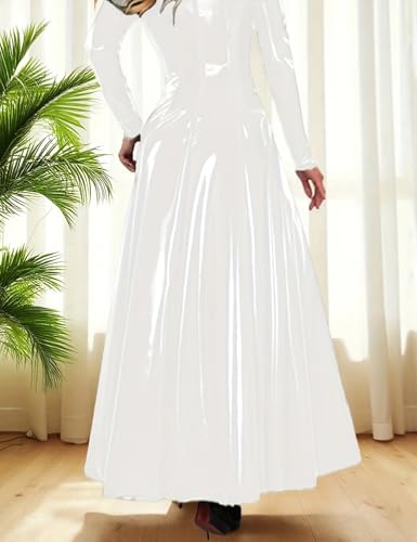 Women's Elegant PU Faux Leather Dress Long Sleeve A-Line Chic Party Wedding Formal Dresses Fashion Highneck Design 5