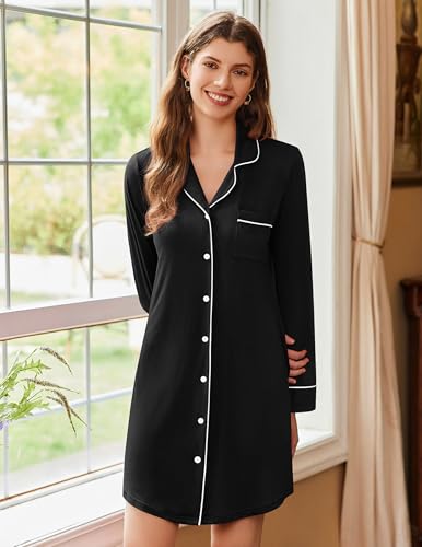 Ekouaer 2 Pack Nightgowns for Women Long Sleeve Night Shirt Button Down Sleep Shirt V-Neck Sleep Dress Pajama Sleepwear2