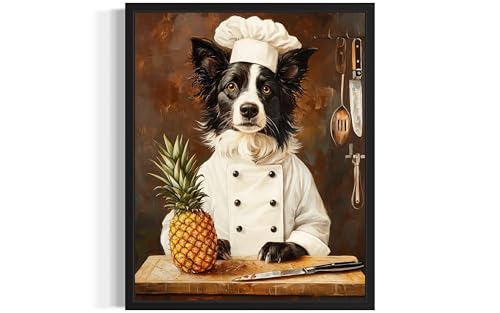 Image of aj decor Border Collie Chef Kitchen Wall Art Print Poster, Dog Pet Lover Picture Painting Artwork Bedroom Living Room Office Dining Room 150D (Border Collie Chef Kitchen, 16 x 20 inches, Black Frame)