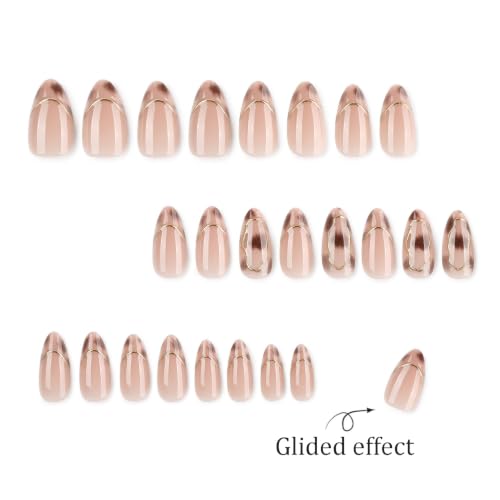 Image of Tortoiseshell Print Press on Nails French Tip Fake Nails Ombre False Nail | 3D Gold Line Nail Press ons Medium Almond Stick on Nails Glossy Reusable Full Cover Daily Manicure 24Pcs for Women