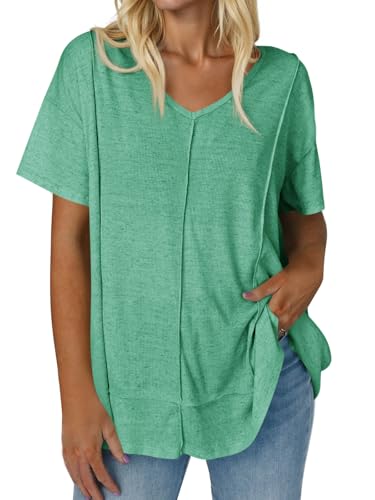 Tankaneo Womens Oversized Tshirts Knit V Neck Short Sleeve Tunic Tops Summer Casual Loose Fit Tee Shirts Lake Green
