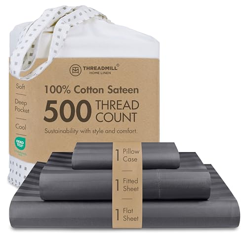 Threadmill 500TC Cotton Twin Sheet Set, Sateen, Damask Stripe, Dark Grey