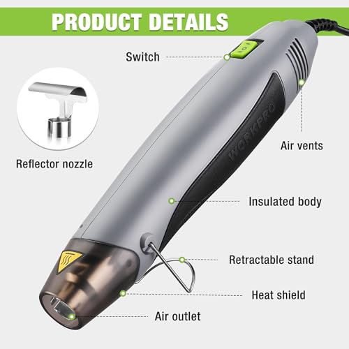 WORKPRO Heat Gun, 400W Mini Hot Air Gun with Reflector Nozzle, 2 Temp Settings 482℉(250℃)/842℉(450℃) and 5.9ft Long Cable Overload Protection for Craft Embossing, Shrink Wrapping PVC, Drying Paint