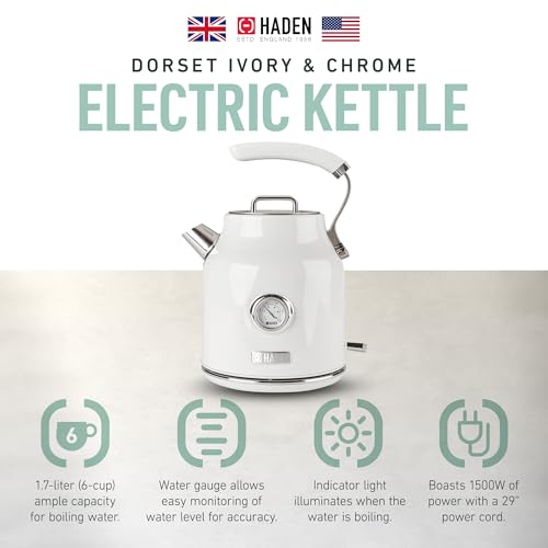 Haden Dorset 1.7 Liter Stainless Steel Electric Kettle, Hot Water Kettle with 360-Degree Base and Auto Shutoff, Ivory & Chrome