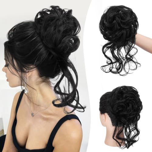 SOFEIYAN Messy Bun Hair Piece Curly Wavy Hair Bun Extensions Synthetic Tousled Updo with Tendrils Hairpieces Bun Donut Accessories Scrunchies for Women, Black