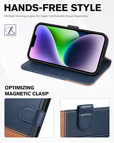 Tucch Wallet Case For Iphone 14, [Rfid Blocking] [4 Card Slots] Tpu Interior Protective Case, Magnetic Folio Shockproof Pu Leather Stand Flip Cover Compatible With Iphone 14 6.1 5G, Blue&Brown #TOP3