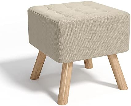 INMOZATA Linen Fabric Footstool Square Upholstered Stool Pouffe Stool Change Shoe Footrest Wooden Legs for Living Room Bedroom (Beige)