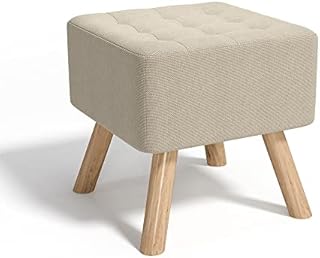 INMOZATA Linen Fabric Footstool Square Upholstered Stool Pouffe Stool Change Shoe Footrest Wooden Legs for Living Room Bedroom (Beige)