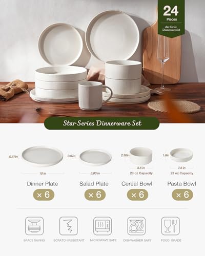 Image of Famiware Star Dinnerware Set with Pasta Bowls, Service for 6 (24 Pieces), Ribbed Stoneware Plates and Double Bowls Sets - Chip & Scratch Resistant, Microwave & Dishwasher Safe Dishes, Matte White