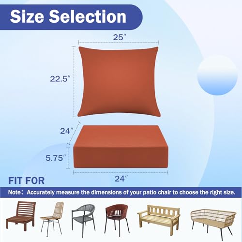 Image of Outdoor Chair Cushions, 24 x 24 Inch Outdoor Cushion for Patio Furniture, Patio Chair Cushion, Waterproof & Fade Resistant Deep Patio Furniture Cushions Set with Handle and Ties, Spice (Set of 2)