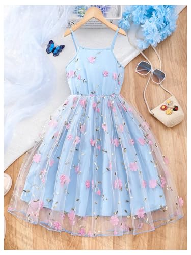 SHENHE Girl's Mesh Floral Embroidered Tulle Dress A Line Flowy Spaghetti Strap Boho Midi Sundress2