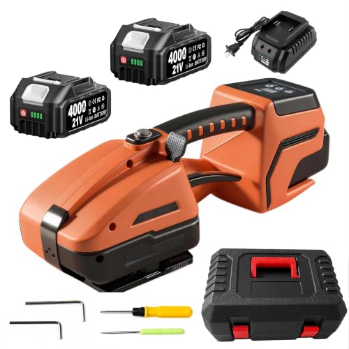 Electric Strapping Machine, Portable Automatic Banding Tool for 3/8"–3/4" PP/PET Straps, Dual Copper Motors, Fast Sealing, LCD Display, 2×4000mAh Batteries, for Pallets & Cartons (Orange)
