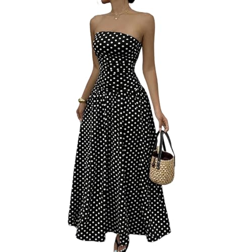 Robe Mariage Invitée Femme - Robe Longue Bustier à Pois Style Bohème sans Bretelles Légère et Fluide été pour Bal de Promo Anniversaire Cérémonie...