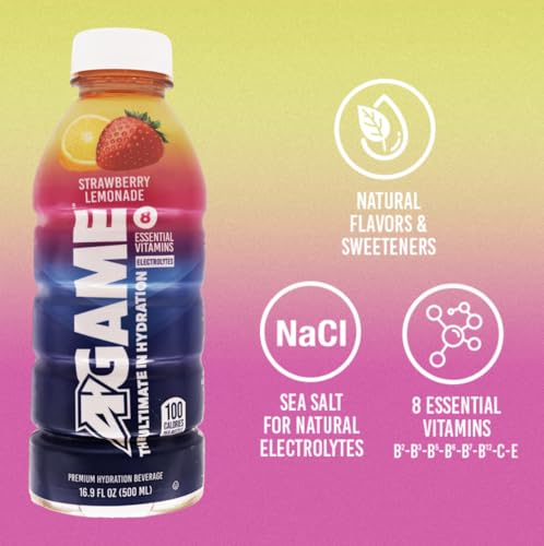 A-GAME Sports Drink, Strawberry Lemonade, The Ultimate Hydration Sports Beverage for Athletes, 8 Essential Vitamins including B, C, & E plus Natural Sea Salt Electrolytes, All Natural Flavors & Sweeteners, Gluten Free, 16.9 Fl Oz (Pack of 12)