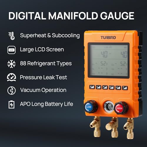 Image of TURBRO Digital Manifold Gauge Set | Digital, with 2 Temp Clamps & 3 Hoses, for HVAC Pressure & Temp Measurement
